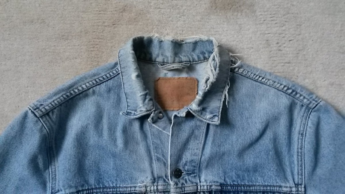Unique Vintage Distressed Used Light Denim Jacket - 1