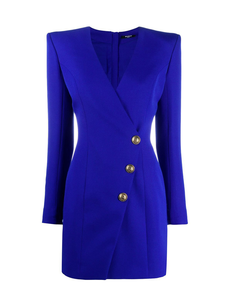 BALMAIN PARIS Sustainable Wool Wrap Dress in Royal Blue SS20 - 1