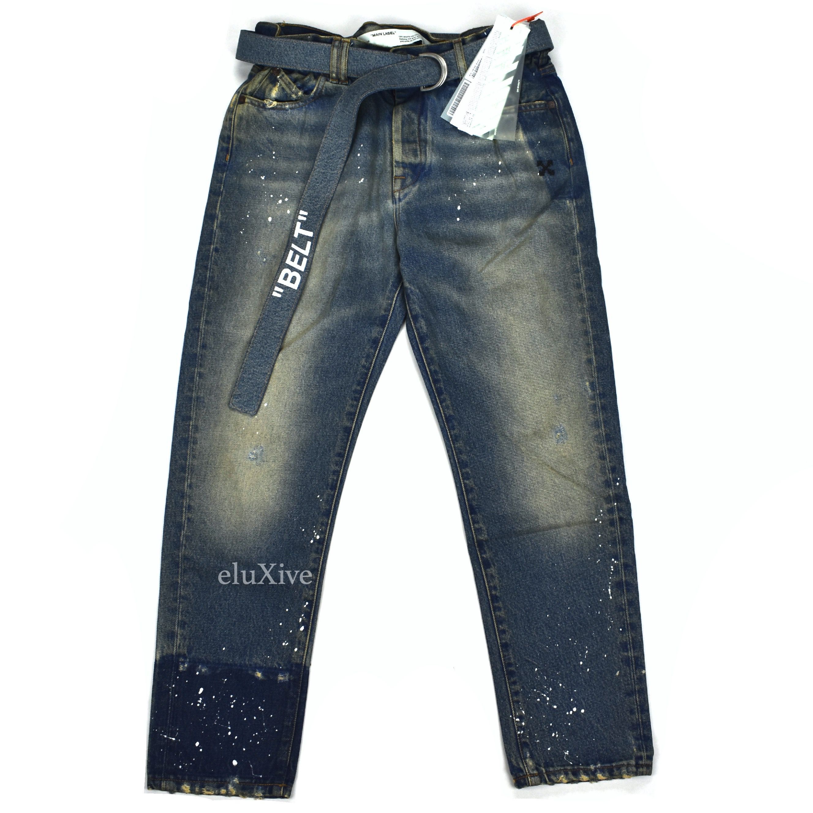 Off-White Blue Distressed Paint Splatter Belted Denim Jeans - 1