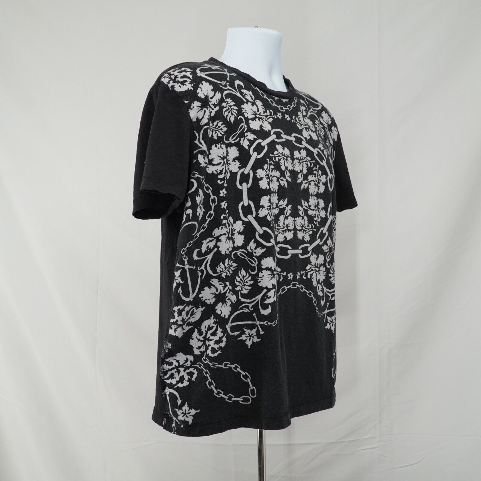 Black White Printed Shirt Floral Chains Anchor Hawaiian Tee - 14