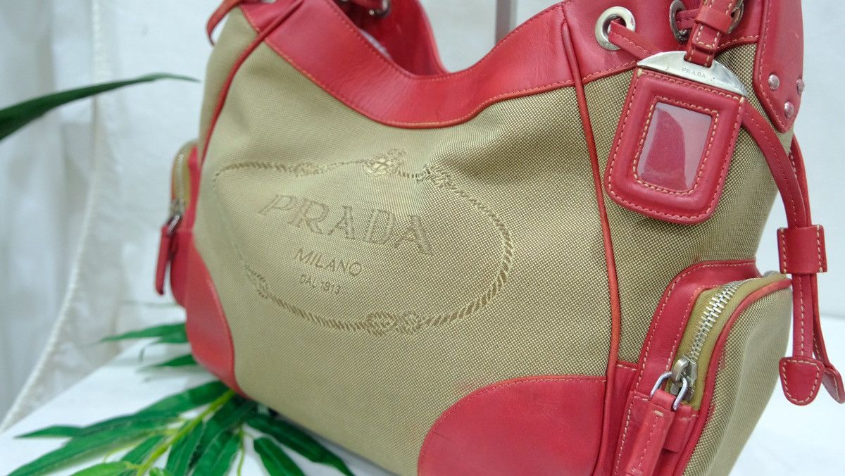 Authentic Prada Jacquard canvas red leather handbag - 4