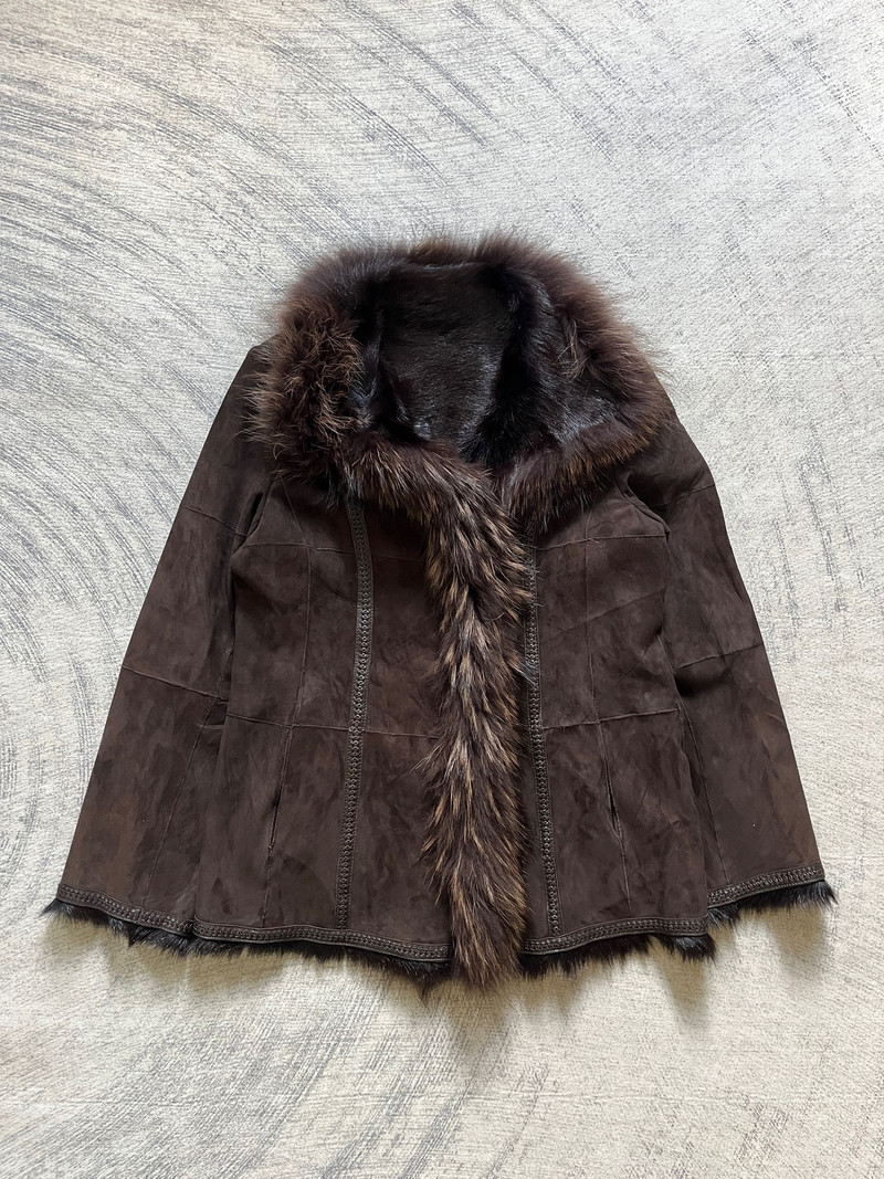 Genuine Leather - Leilian Sheepskin Suede Leather Racoon Fur Coat - 1