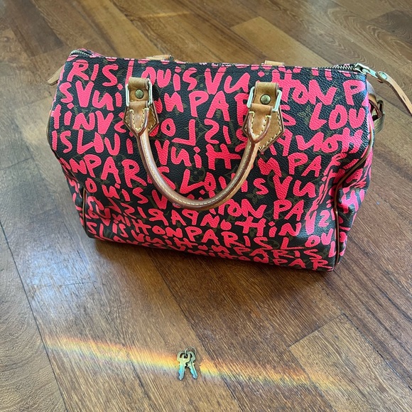 Louis Vuitton Monogram Graffiti Speedy 30 Satchel Bag Fuchsia Pink Vintage Rare - 2