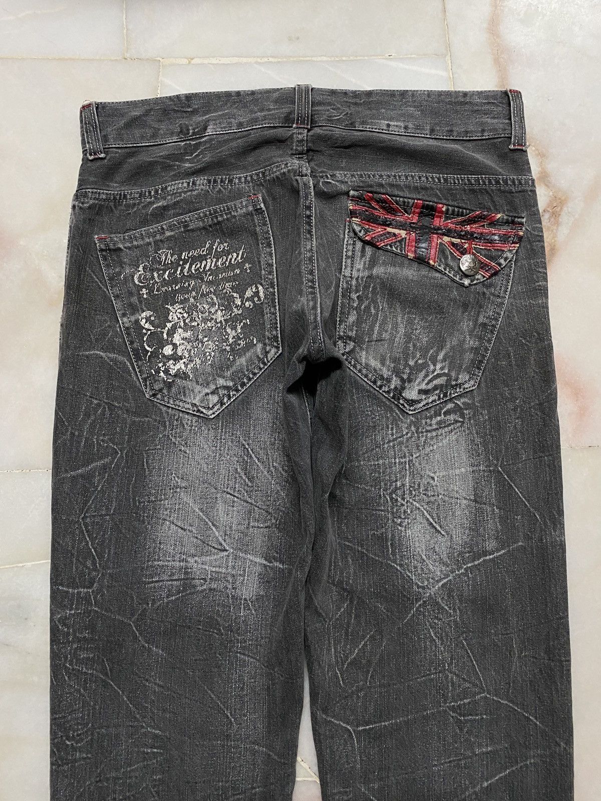 💥Sick Root three Skull Bones Washed Whisker Distress Jean - 16