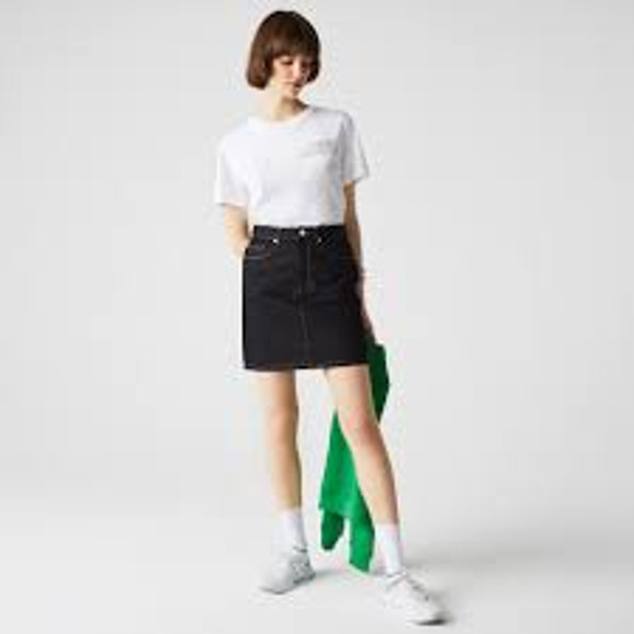 Lacoste Straight Denim Skirt Dark Wash Stitch Detail High Rise Knee Length 36 S - 1