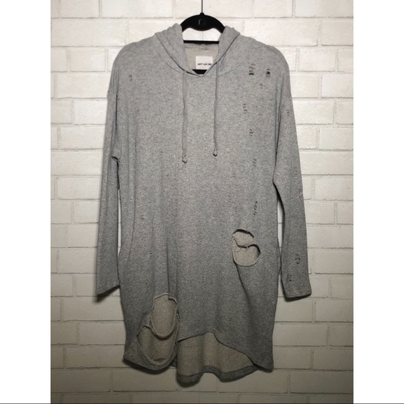 Better Be - Grey Distressed Hooded Sweatshirt Mini Dress/Tunic - 1