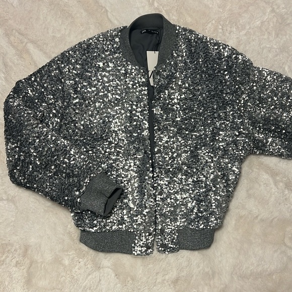 Zara Silver Sequin Bomber Jacket - 4