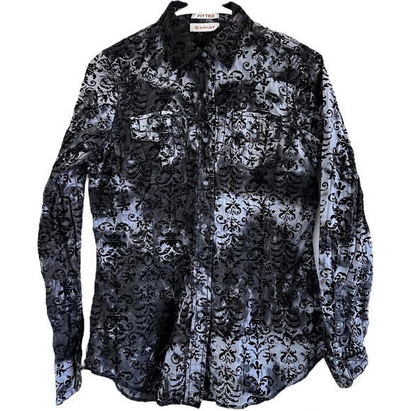 Ariat Fitted Button Down Shirt Pearl Snap Buttons Velvet on sale Damask Print Black XL