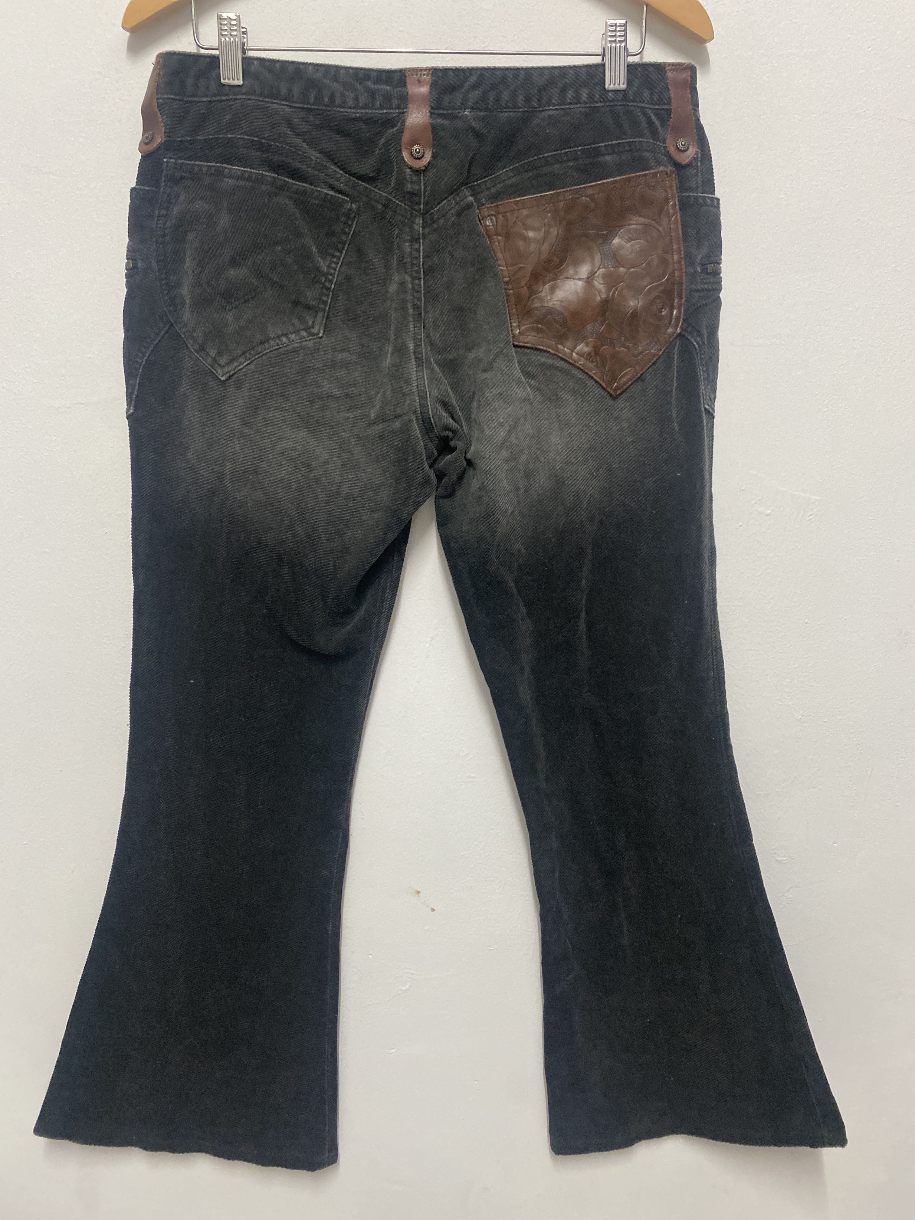 Obelisk Japan Corduroy Flare Pants Distressed Brown Leather Floral Back Pocket - 2