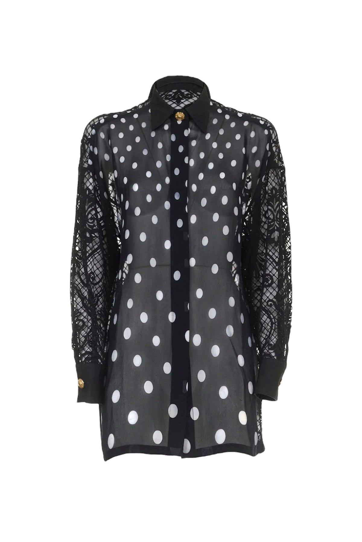 Vintage Gianni Versace Couture Sheer Polka Dot Button-Down Tunic with Burnout Lace Back and Sleeves - 1