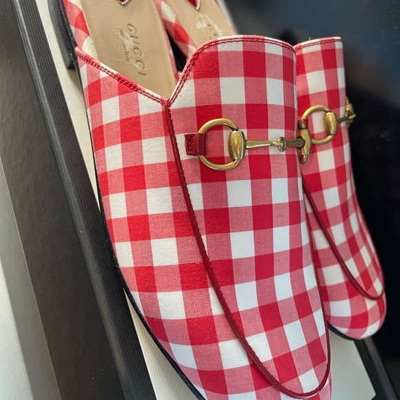 New Gucci Princetown Red White Gingham Plaid Slide Loafer Mule Slipper Flat 8.5 - 7