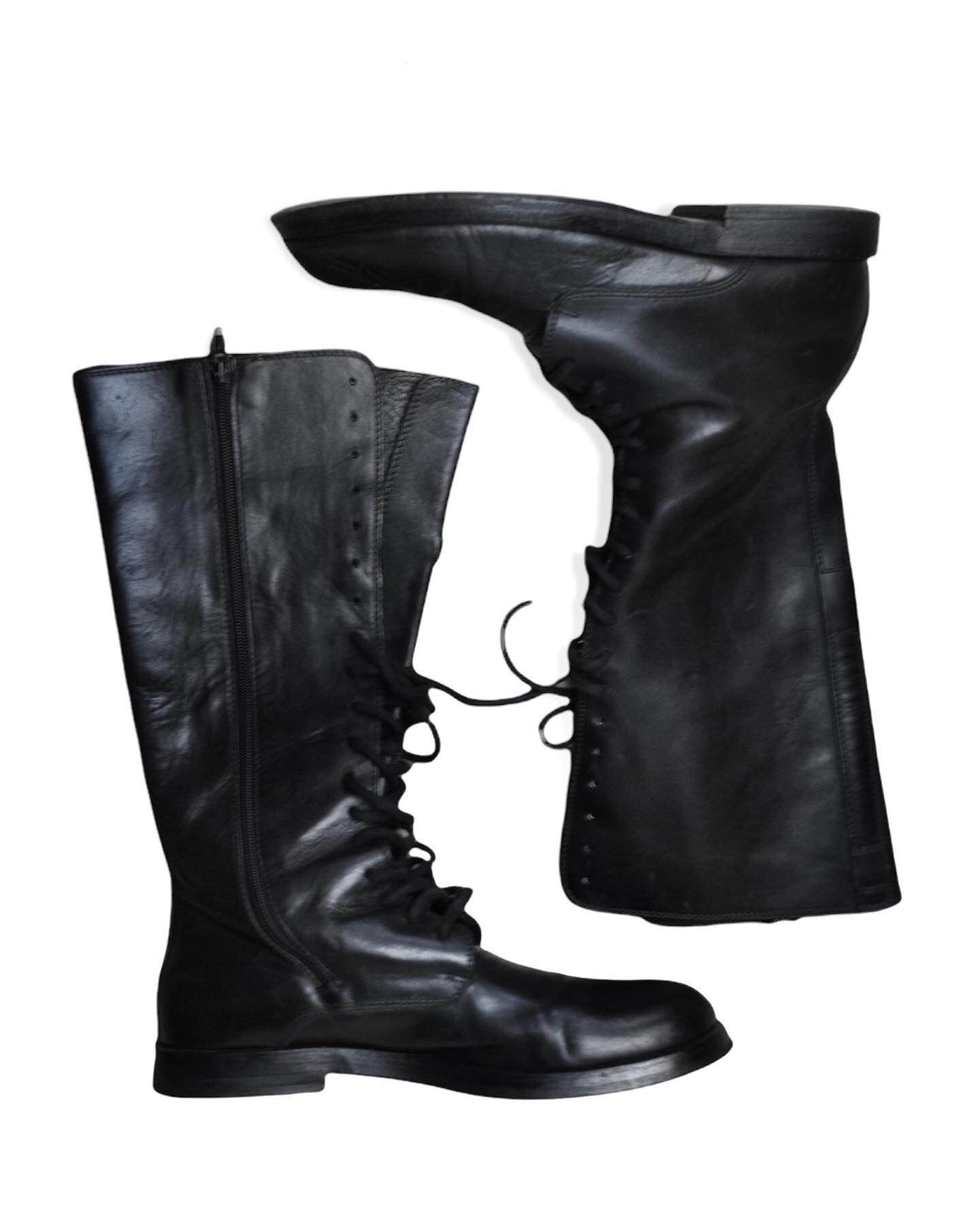 calfskin leather lace up knee-high boots in black - 2
