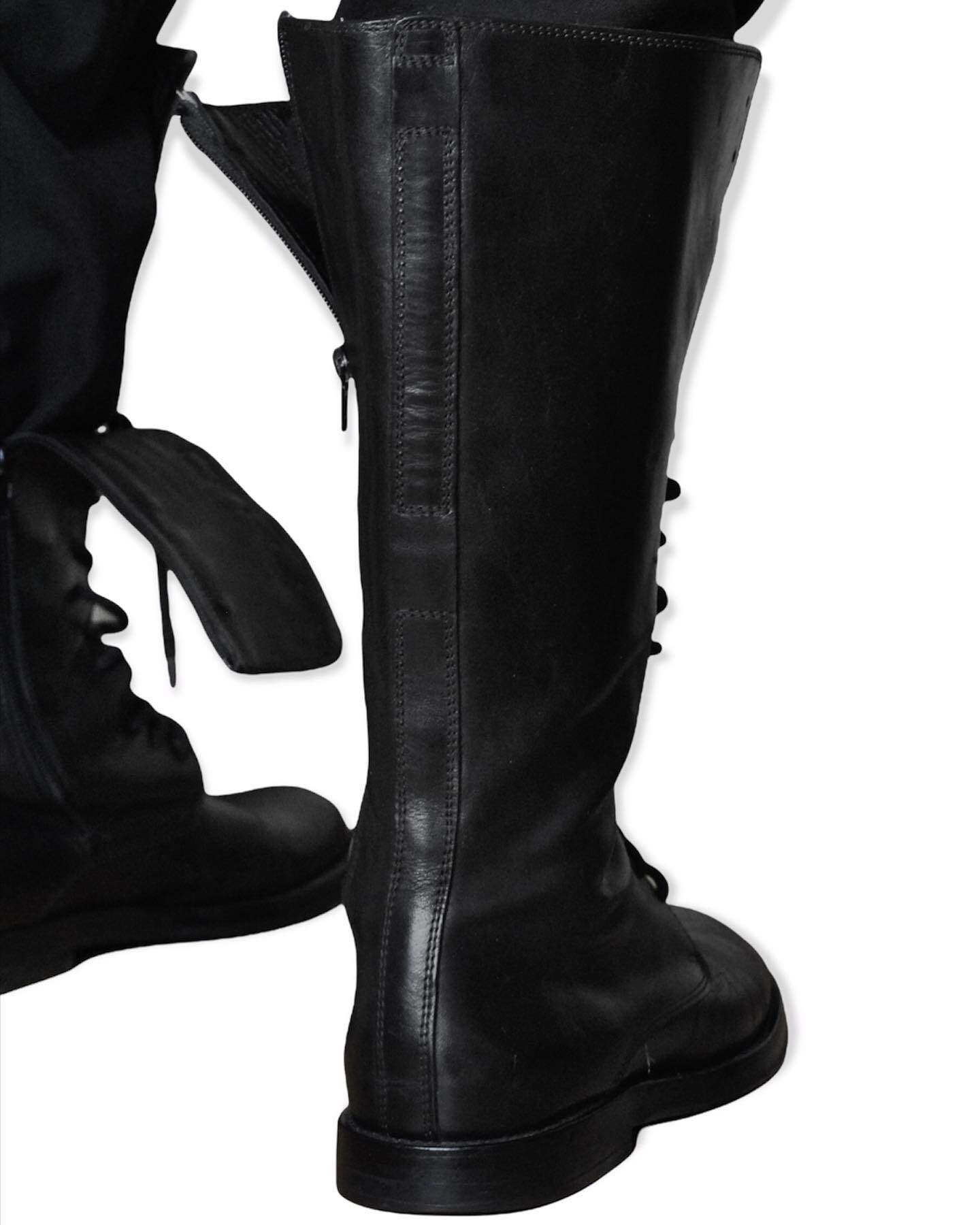 calfskin leather lace up knee-high boots in black - 3