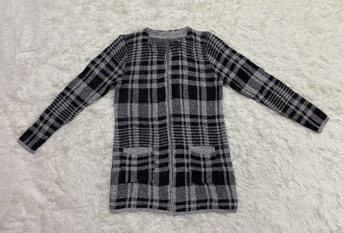 Cardigan - Plaid Checked Open Front Knitted - 8