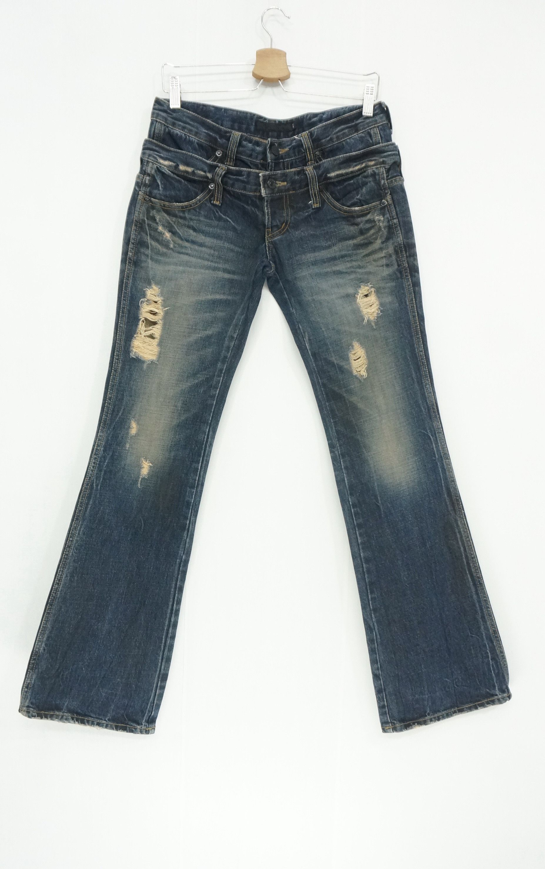 Archival Clothing - FUGA Vintage Distressed Double Waist Lowrise Flared Jeans - 1