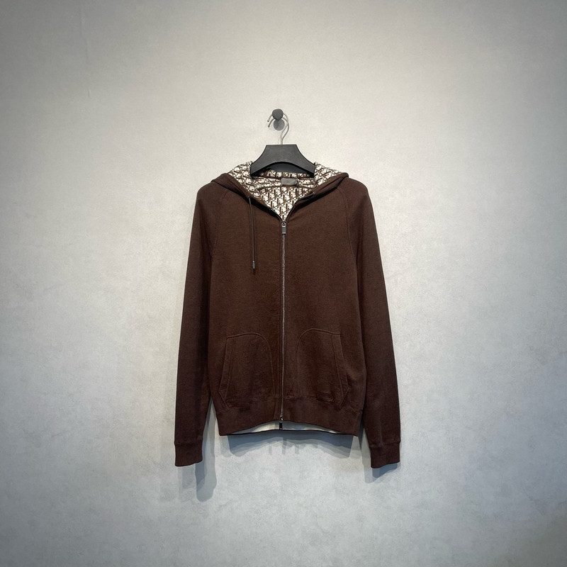 Dior brown hooded jacket with all-over logo print and zipper closure. - 1