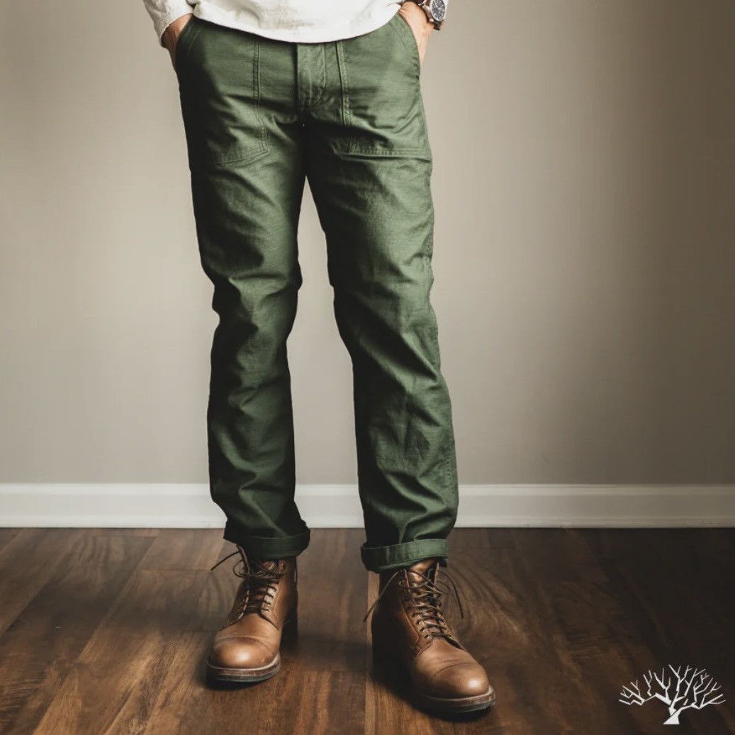 reverse sateen fatigue trousers slim olive khaki japan - 9