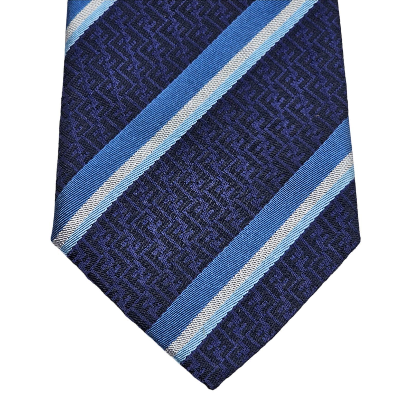 Fendi Silk Logo Skinny Necktie Tie -Blue White - 3