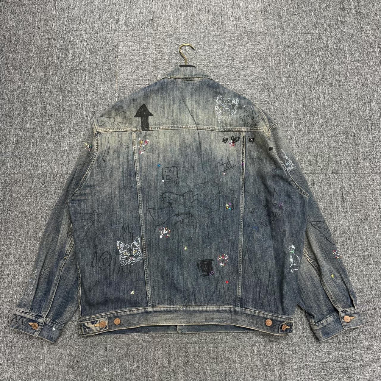 Balenciaga graffiti distressed rhinestone denim jacket - 2