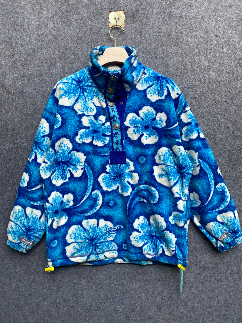 JOJO FIORE Blue Hibiscus Pattern Fleece Quarter-Snap Pullove - 1