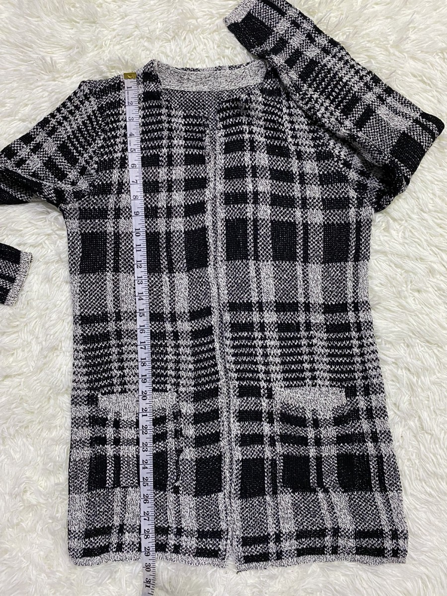 Cardigan - Plaid Checked Open Front Knitted - 13