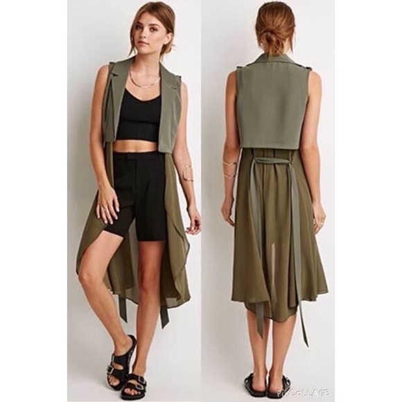 Forever 21 Olive Drapey Longline Belted Vest - 1