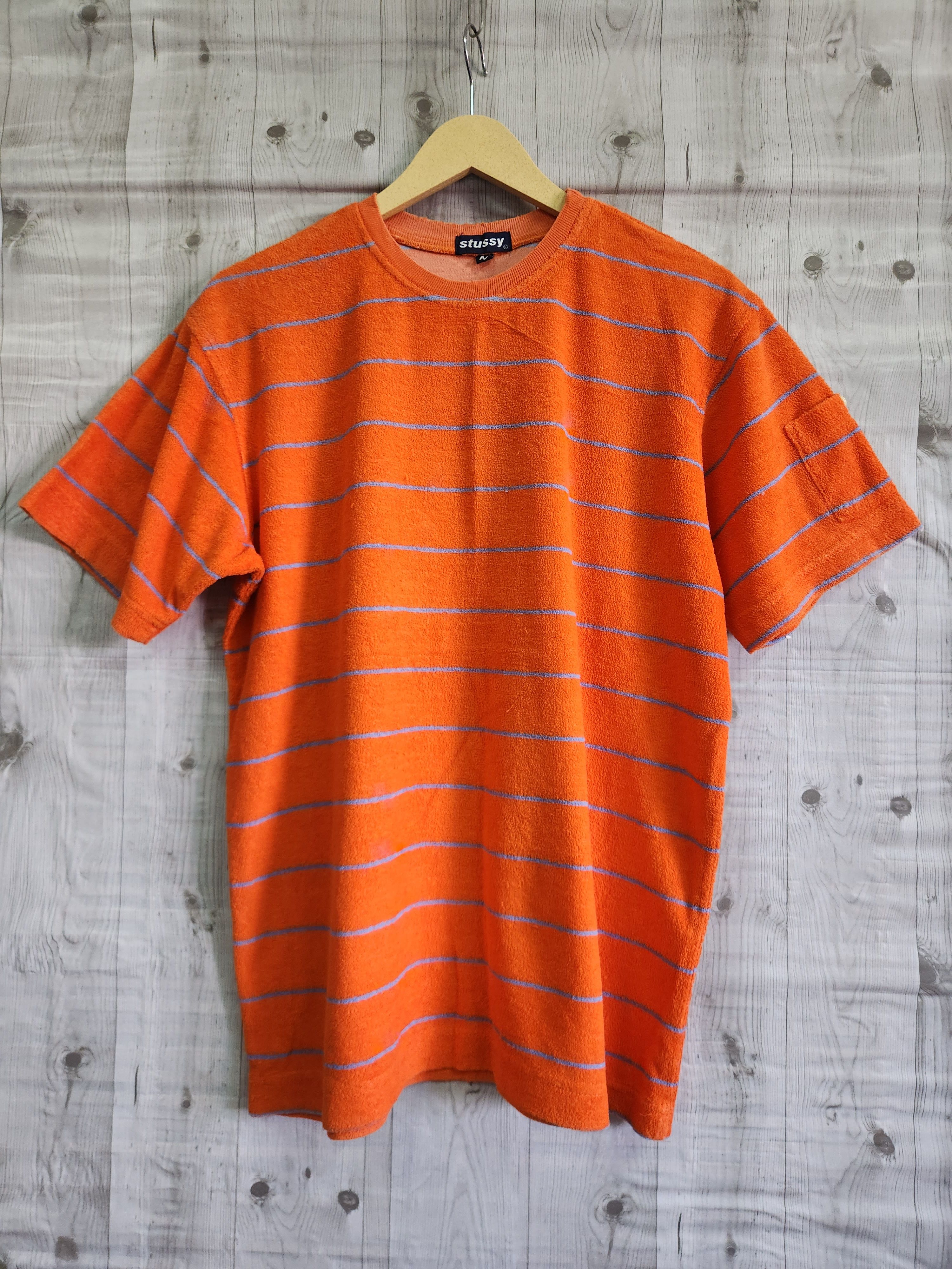 Vintage Stussy Rare Orange Stripes Arm Pocket TShirt - 1