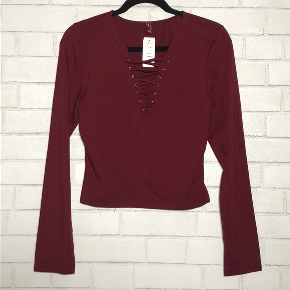 LF Burgundy Long Sleeve Lace Up Top - 1