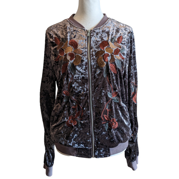 Hidden Alley Crushed Velvet Embroidered Zip Up Bomber Size Small - 1