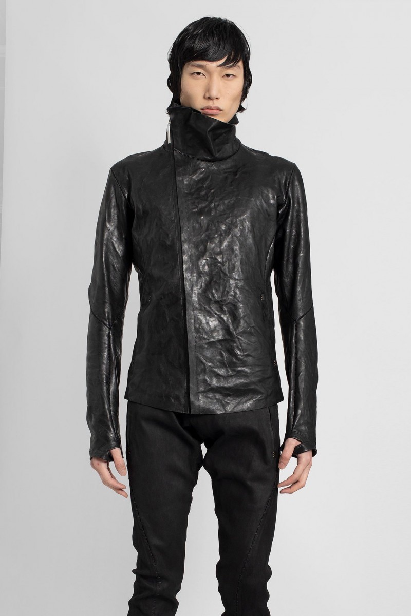 Black high-neck unlined asymmetric leather jacket - 1