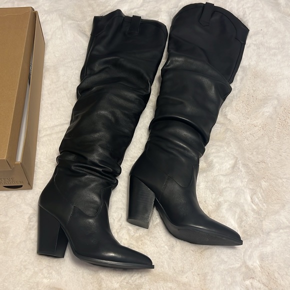 Steve Madden Landy Black Leather Over the Knee Western Boots - 5