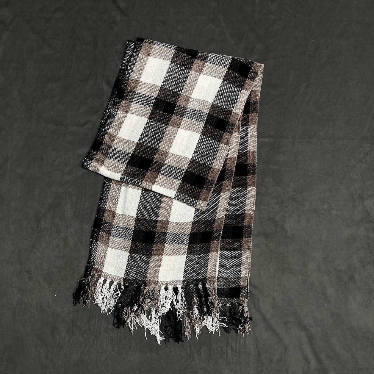 Japanese Brand - Deadstock Cozy Brown White Checked Scarf OS Unisex - 4