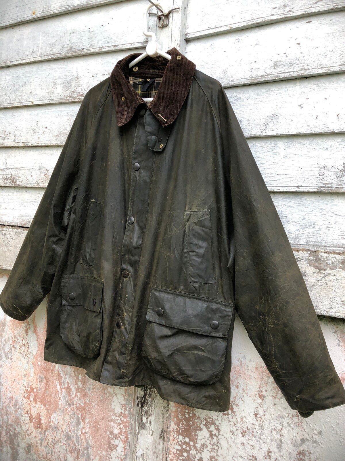 Distressed Barbour Bedale Olive Waxed Coat Size C46/117cm - 4