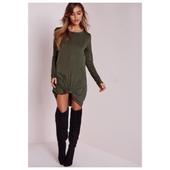 Missguided Olive Green Knot Front Long Sleeve Dress - 3