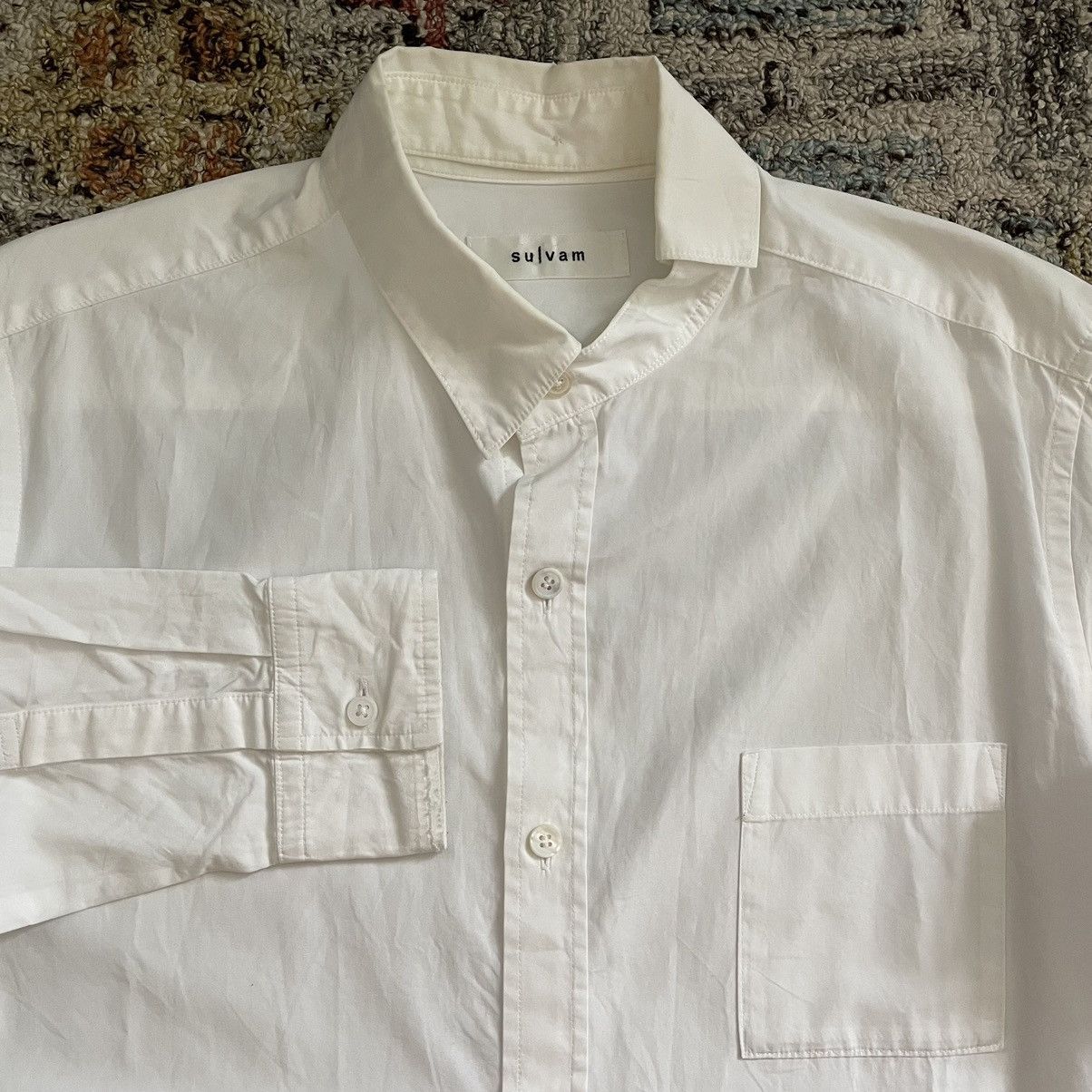 Sulvam - asymmetry detachable collar buttonup shirt cotton white - 2