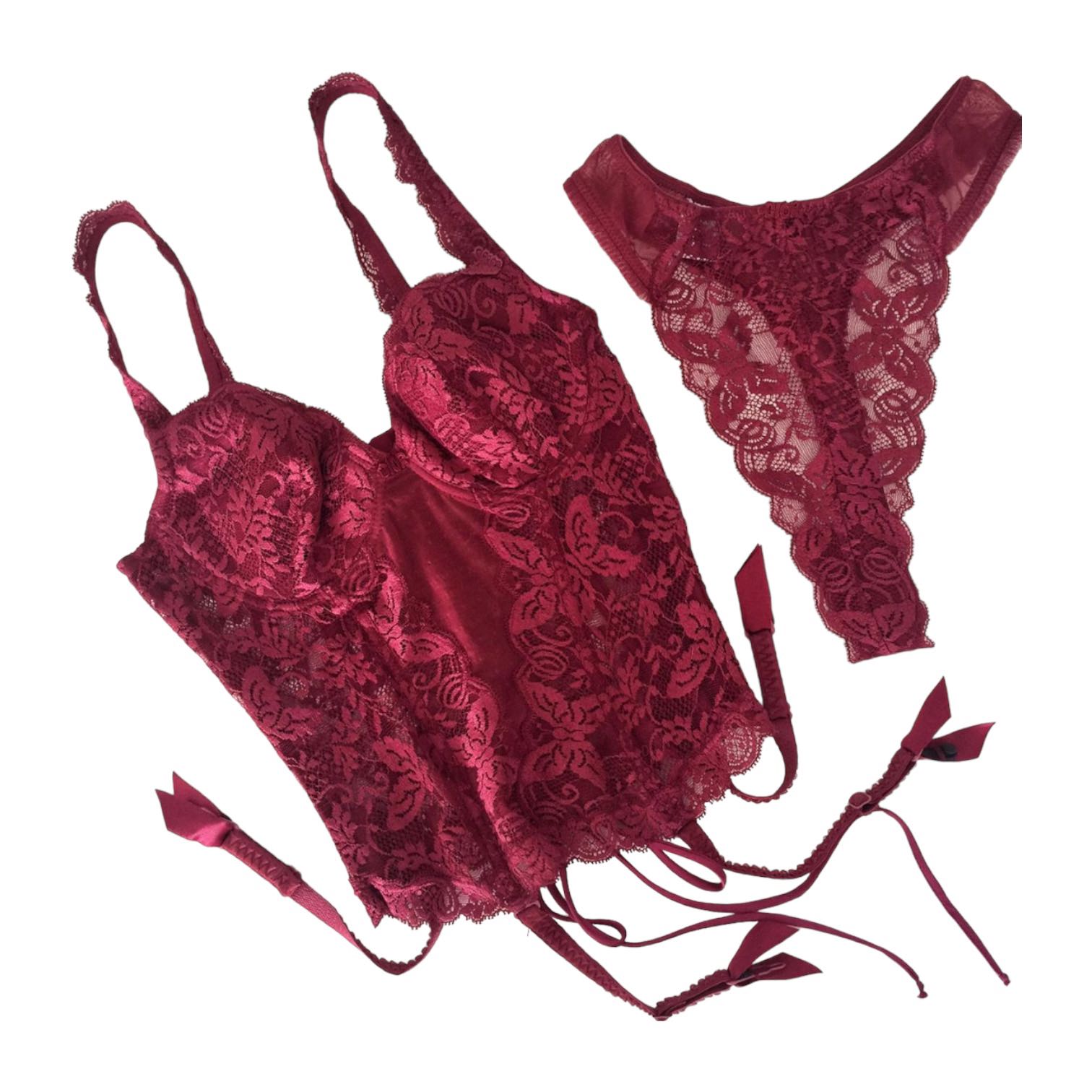 Dior Vintage Christian Dior Burgundy Tulle Butterfly Lace Bustier and Thong  Set, spendthrift.my