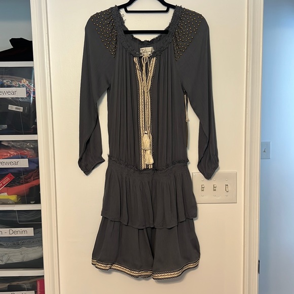 Vintage Havana Grommet Stud Tassel Long Sleeve Boho Dress - 5