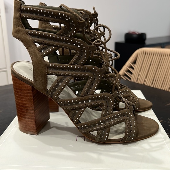 1. State - 1.State Kayley Olive Green Caged Embellished Lace Up Block Heels - 3