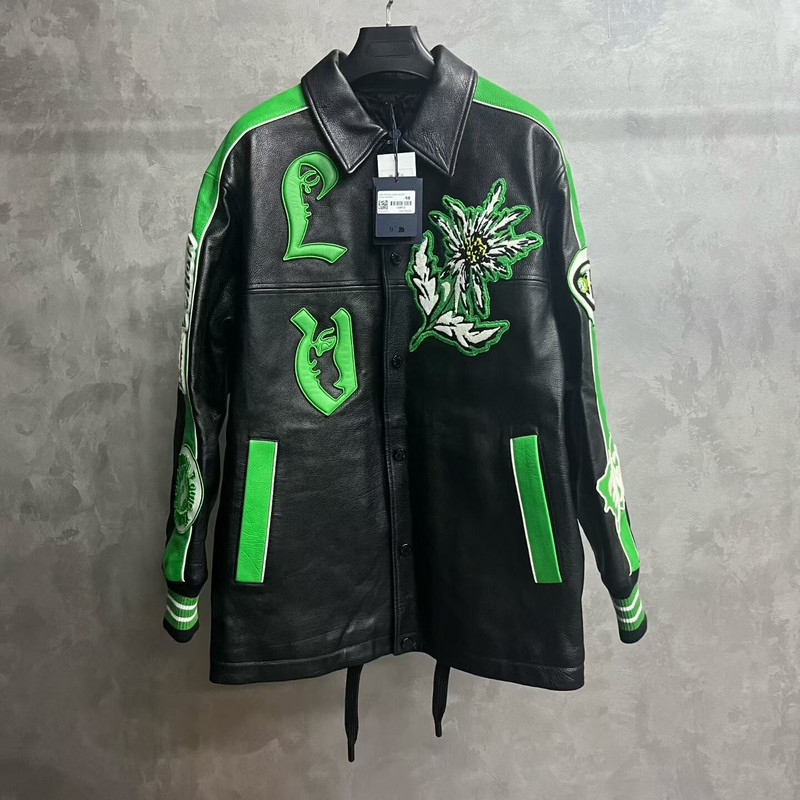 Louis Vuitton Black Contrast Letter & Floral Jacquard Long Leather Coach Jacket - 1