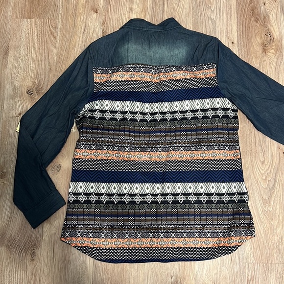 Vintage Havana Distressed Aztec Knit Back Western Denim Shirt - 7