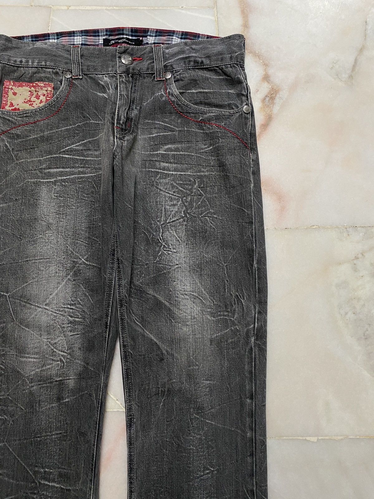 💥Sick Root three Skull Bones Washed Whisker Distress Jean - 5