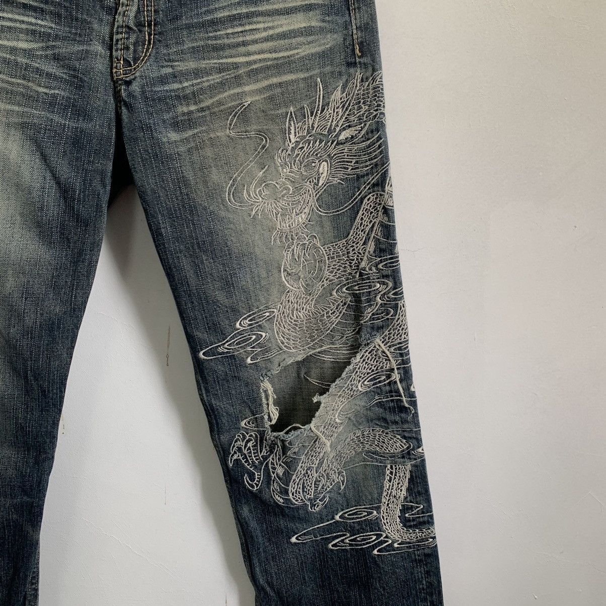 Distressed Denim - Sukajan Dragon Embroidered Distress Denim Jeans - 4