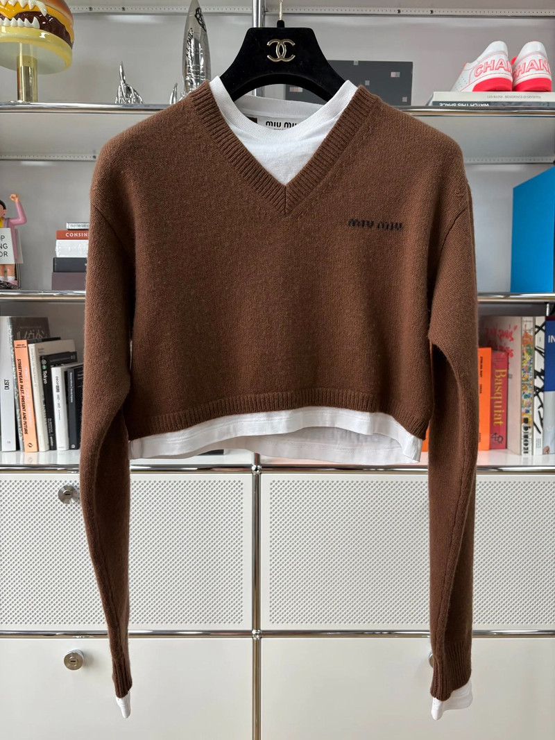 MiuMiu brown and white patchwork faux two-piece knit top - 1