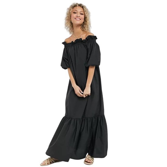 Asos Black Poplin Off Shoulder Ruffle Puff Sleeve Maxi Dress Size 4 - 1