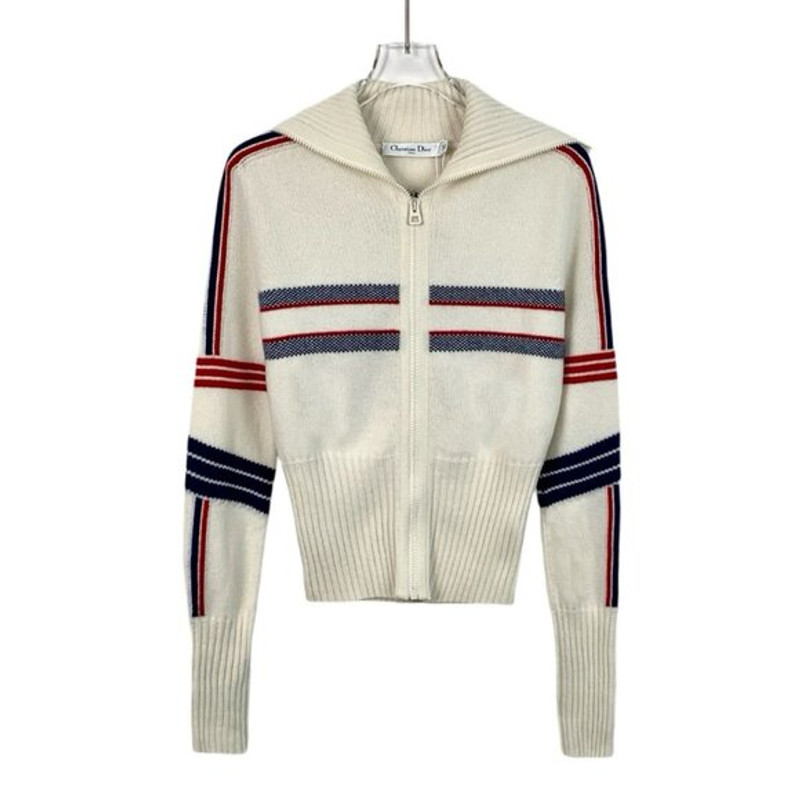 Christian Dior Womens Wool & Cashmere Zip-Up Cardigan With Stripes & Star Design - 1