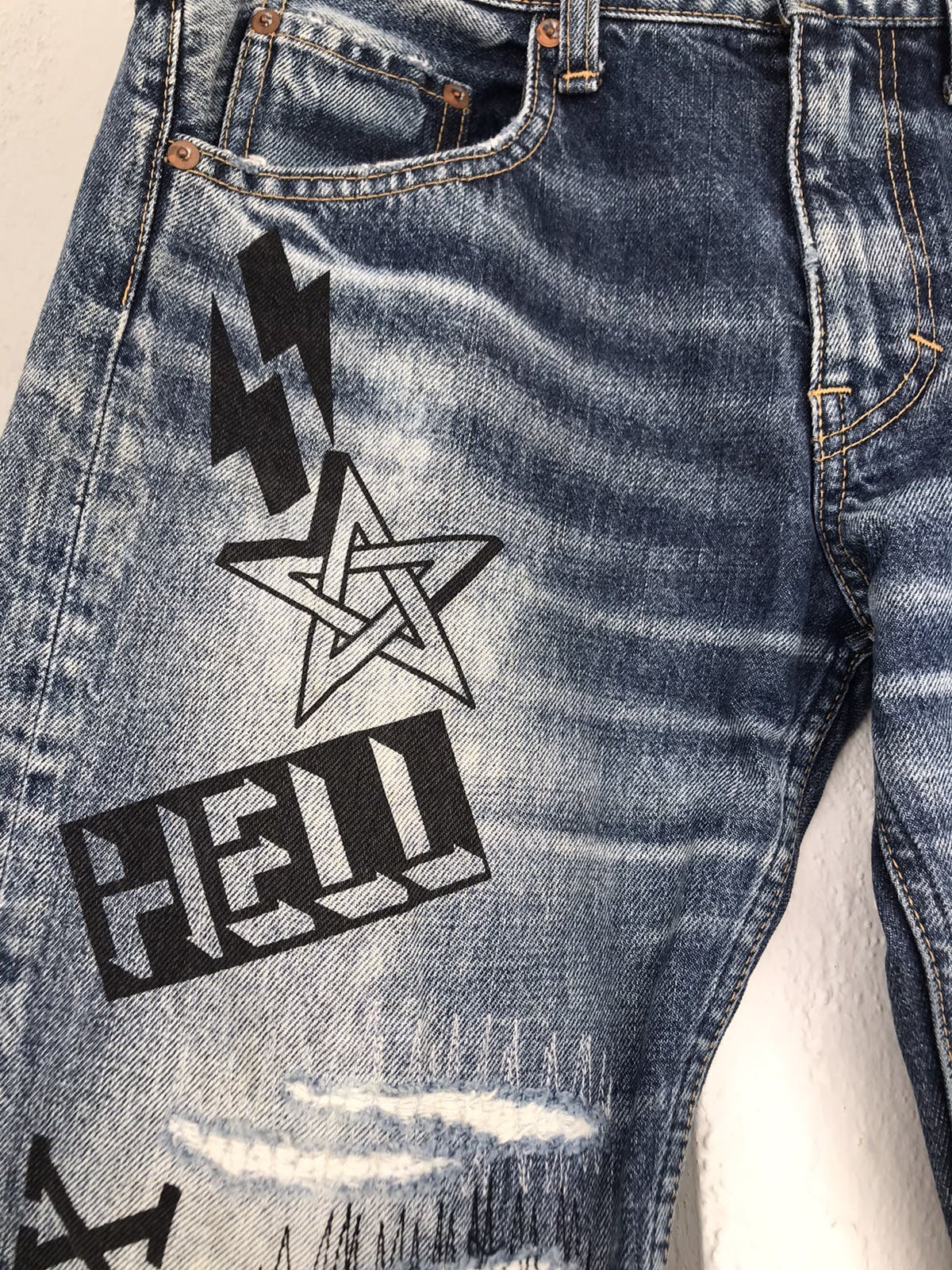 Hysteric Glamour Vintage RNA Inc Distressed HELL XXX Denim Pants | azzashop  | REVERSIBLE