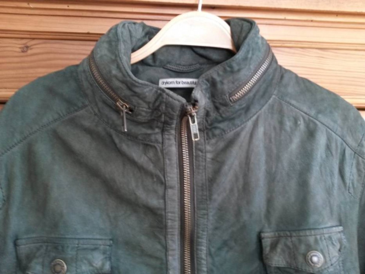 Drykorn - Real olive green leather hooded washed jacket size 46 48 - 12
