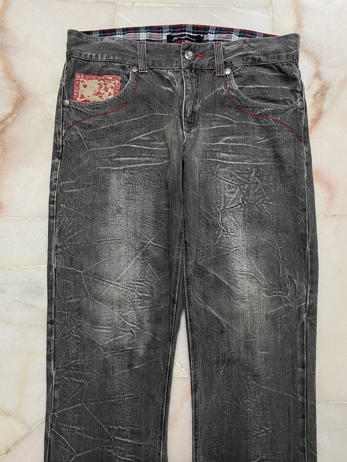 💥Sick Root three Skull Bones Washed Whisker Distress Jean - 3