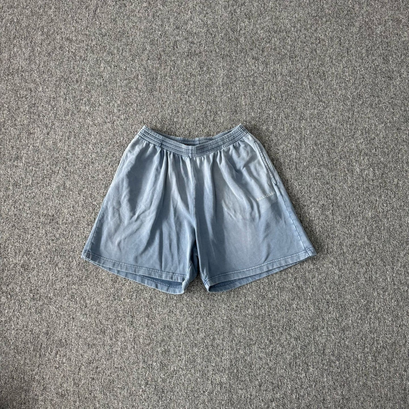 Balenciaga washed blue letter logo stretch waist casual shorts - 1
