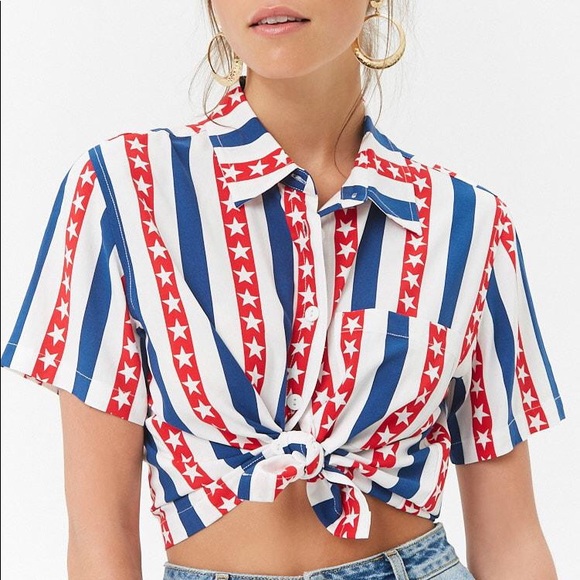 Forever 21 - Stars & Stripes American Flag Cropped Boxy Shirt - 1